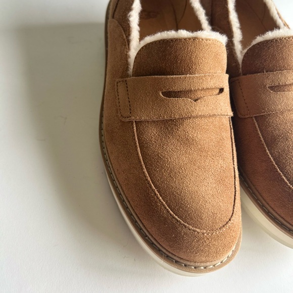 UGG Penny Tan Suede Sheepskin Leather Fur Trim Rubber Outsole Loafers size 8 - Picture 5 of 16